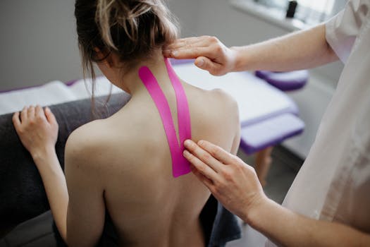 Leistungen A healthcare professional applies kinesiology tape on a woman's neck for therapeutic treatment.